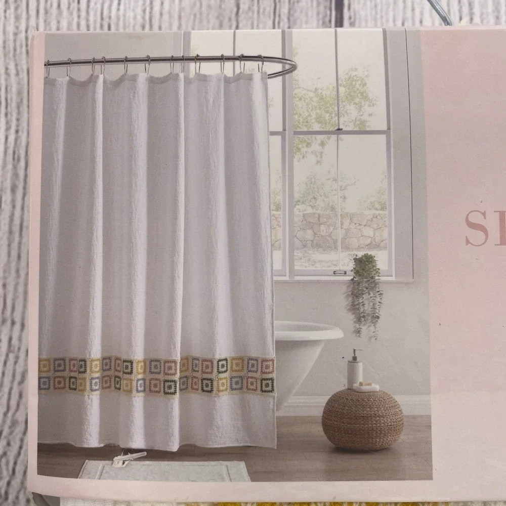 Dreamsetter Shower Curtain White Gauze Crochet Granny Square Quilt Hem Boho